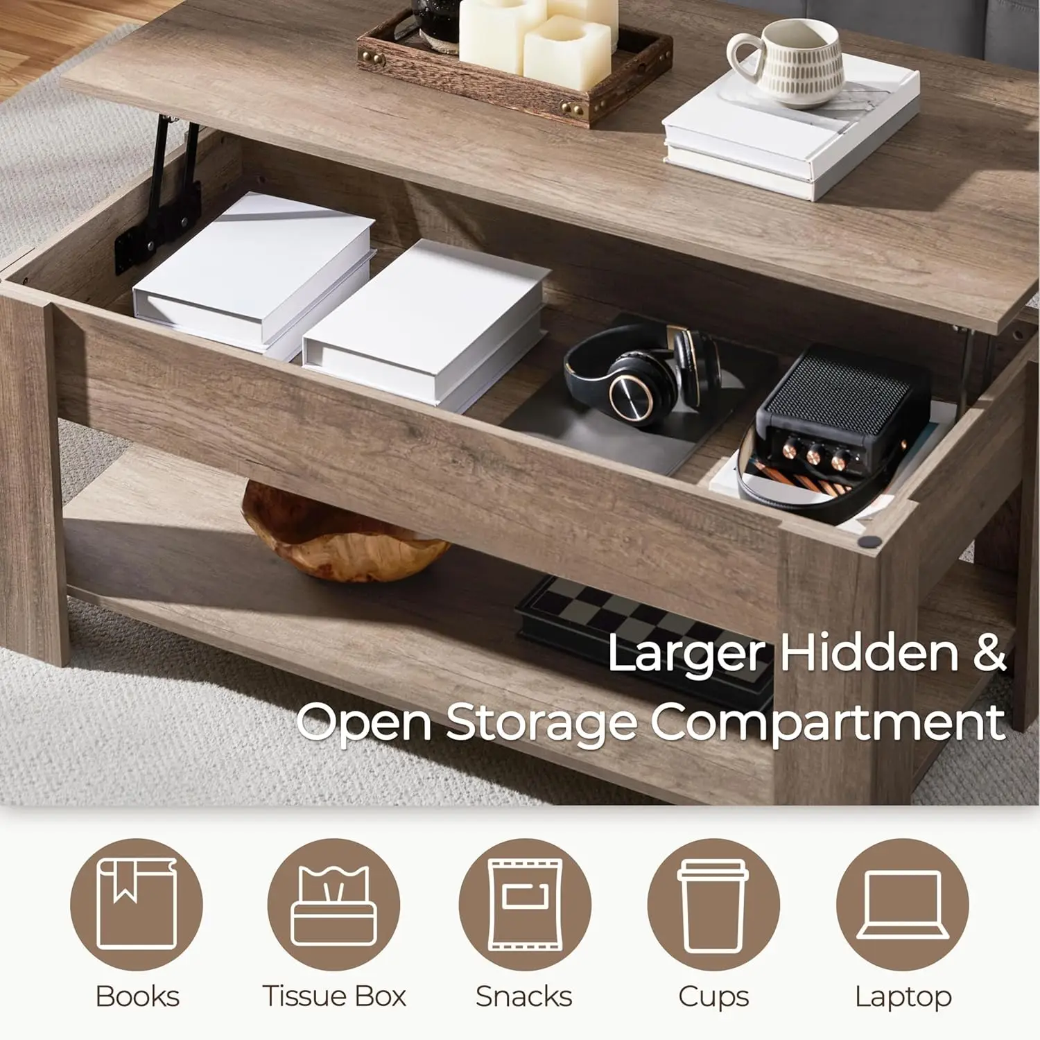 Lift Top Coffee Table with Hidden Compartment and Storage Shelf, Rising Tabletop Dining Table for Living Room Reception Room 6