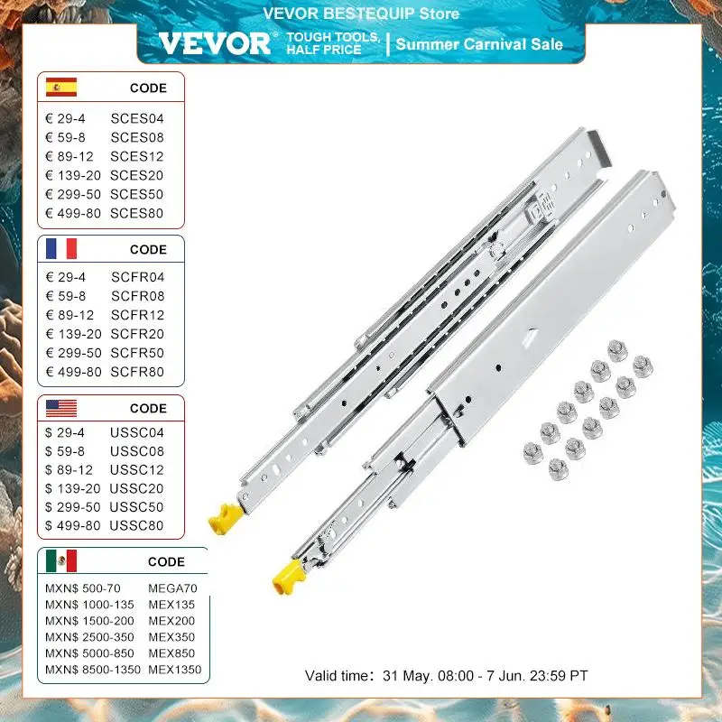 VEVOR Drawer Slides with Lock Drawer Slide Building & Hardware Home & Garden 20"/24"/36"/60" Ball Bear 500 lbs Full Extension