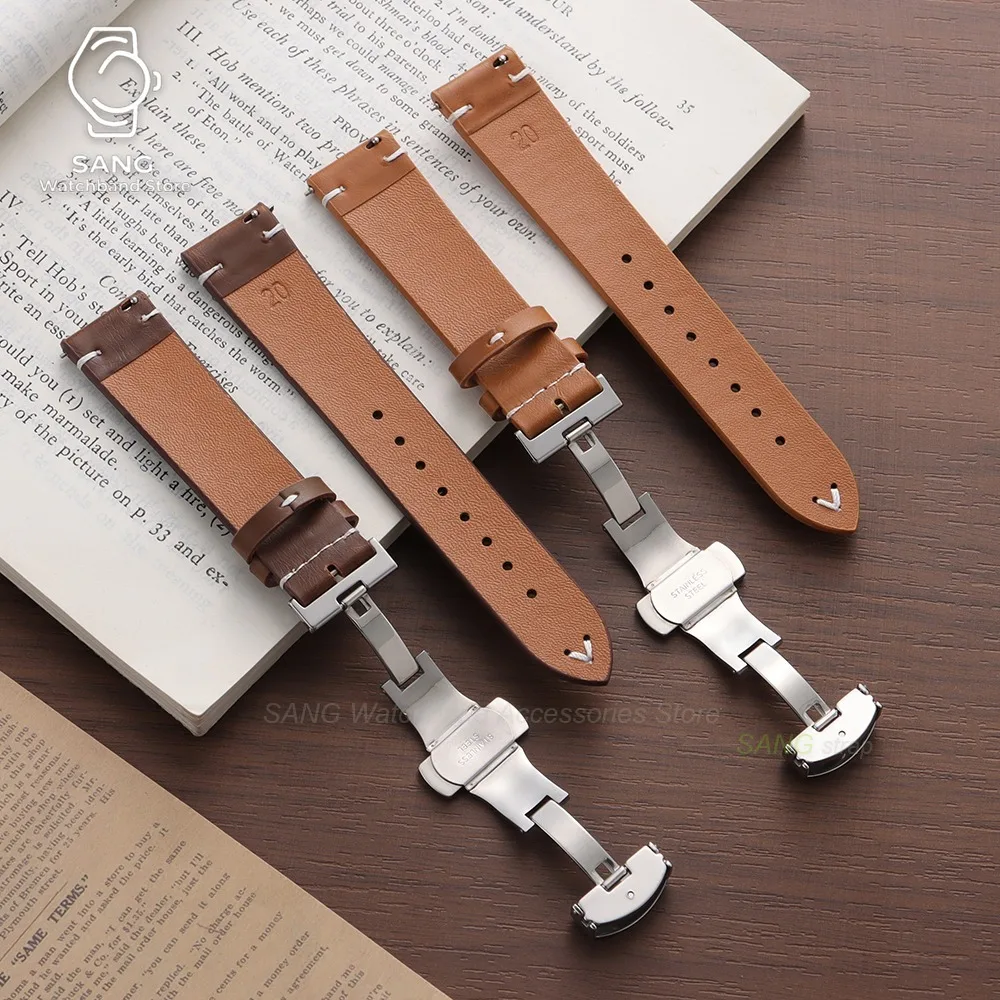 Elegant Black & Brown Leather Watchband with Stainless Steel Butterfly Clasp