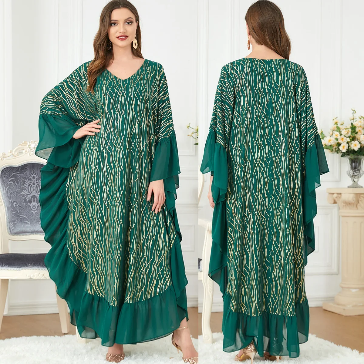 

Elegant Muslim Dress Women Print Abaya Bat Sleeve Morocco Party Dress Kaftan Turkey Arab Long Robe Vestidos Dubai Maxi Dresses