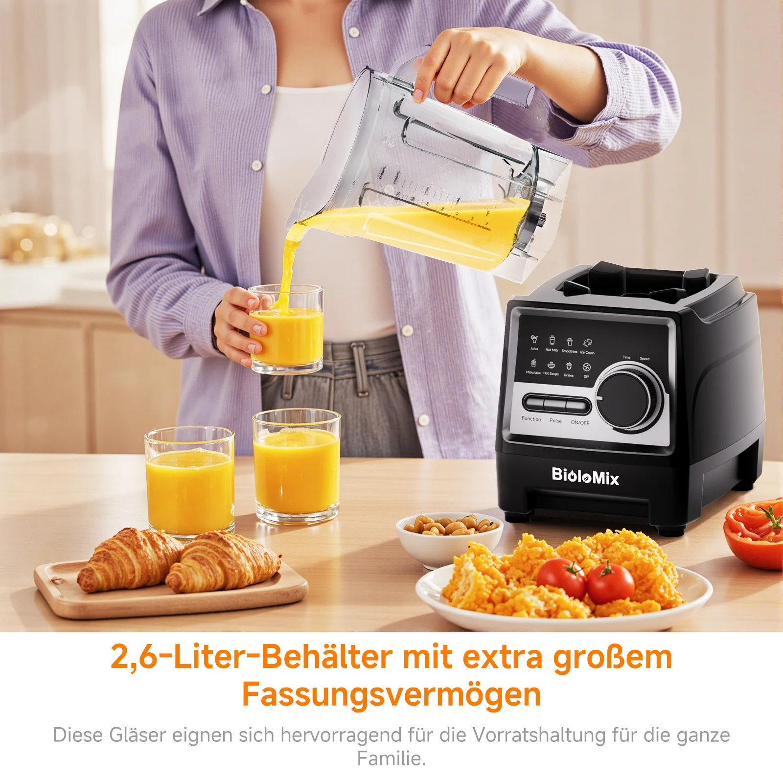 BioloMix 1500 W professioneller Mixer mit 2,6 l BPA-freiem Glas, 6 Klingen, 7 voreingestellte Programme für Smoothies, Shakes, Nussmilch – Detail 5