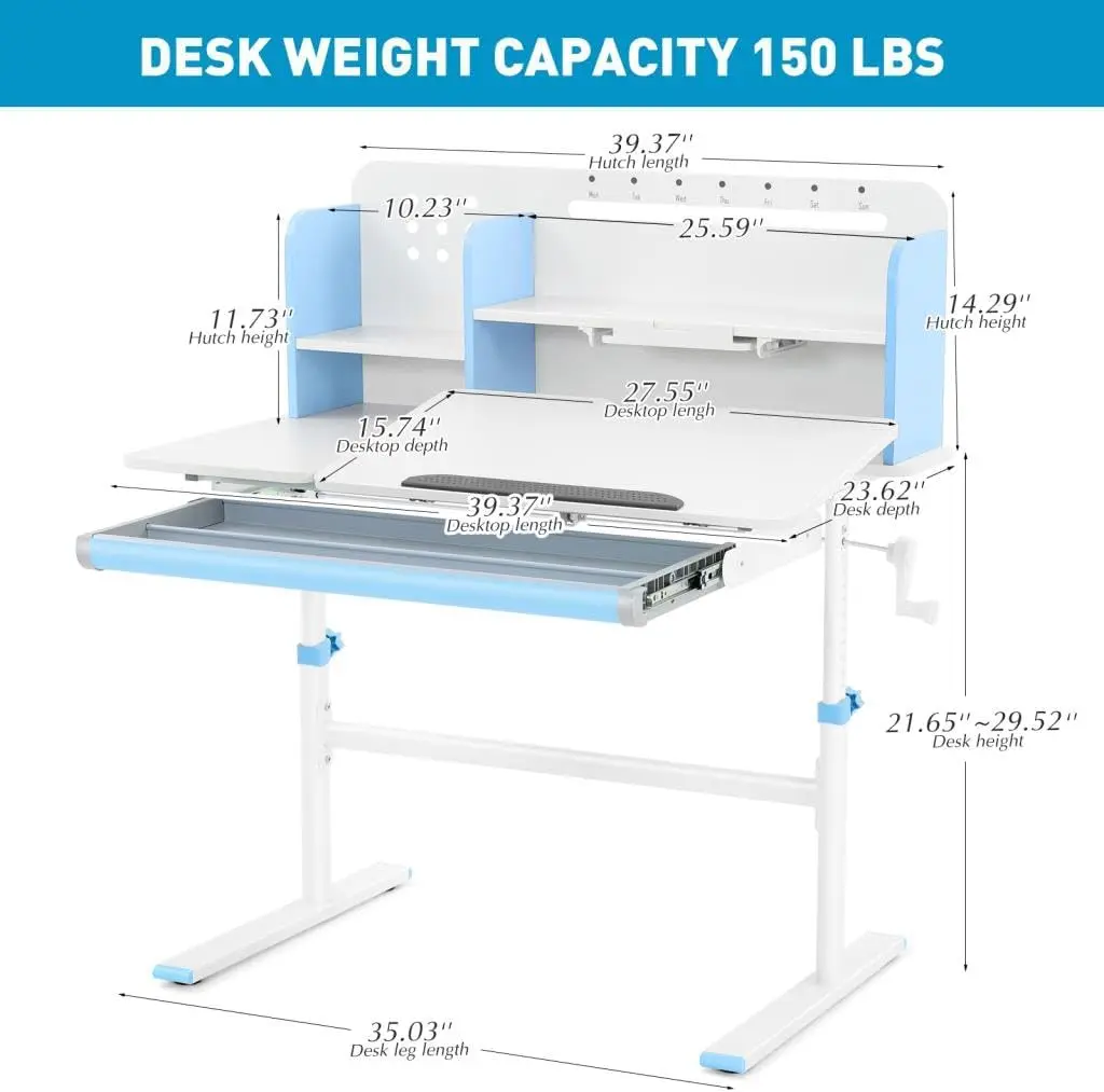 COSVALVE 39in Wide Adjustable Height Kids Desk with Tilting Desktop, Steel Frame, Drawer, and Bookshelf Hutch, Study Child Table