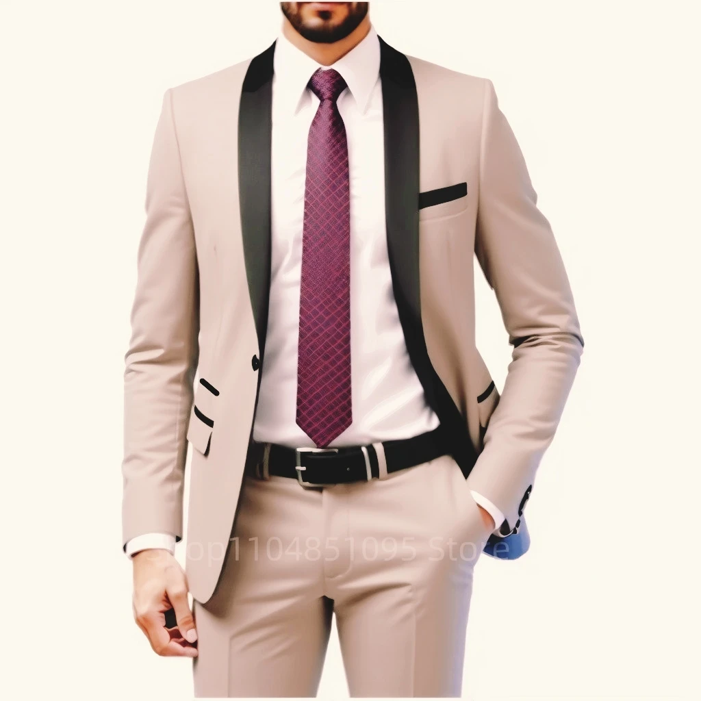 Solid Men's 2-Piece Suit One Button Black Shawl Lapel Blazer Set Business Wedding Party Tuxedos Slim Fit Jacket & Trousers