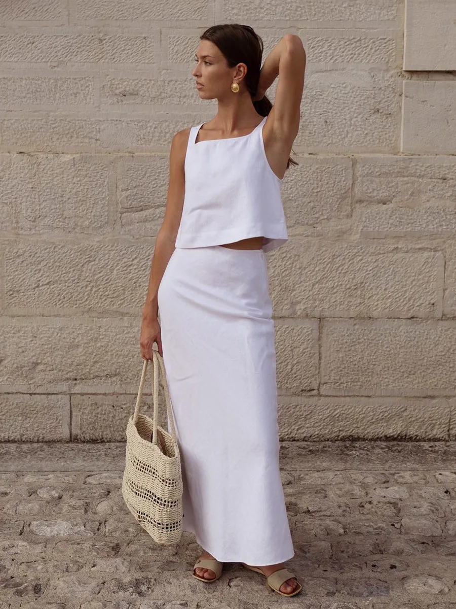 Bornladies Summer New Cotton Linen Half Skirt Set Women's Square Neck Chic Short Vest Casual 2-Piece Set Split Long Skirt Suits