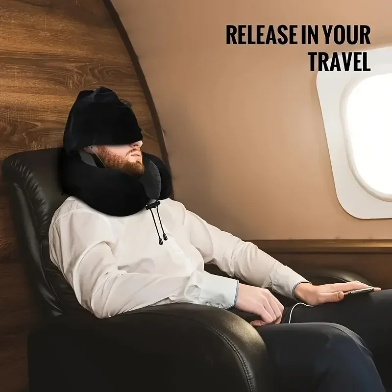 Luxurious Hooded Travel Neck Pillow with Soft Memory Foam and Velvet Cover, Includes Storage Bag