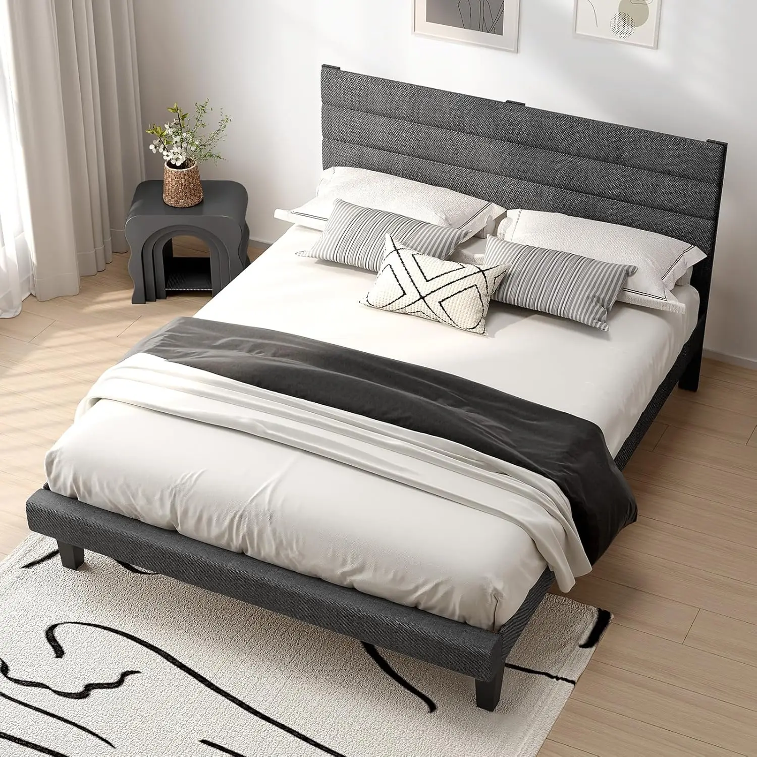 Full Bed Frame with Headboard,Upholstered Platform Bed with Adjustable Headboard,Heavy Duty Slats Support