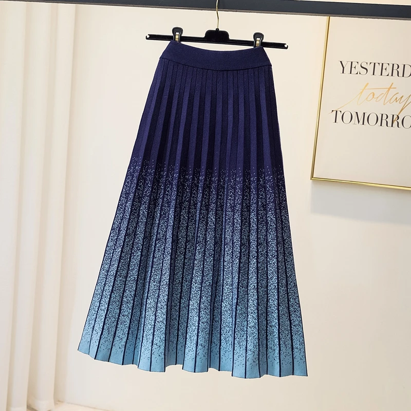 

Autumn Winter Thick Knitted Pleated Long Skirt Women Korea Fashion Ladies Tie Dyed A-line Warm Party Work Midi Skirt