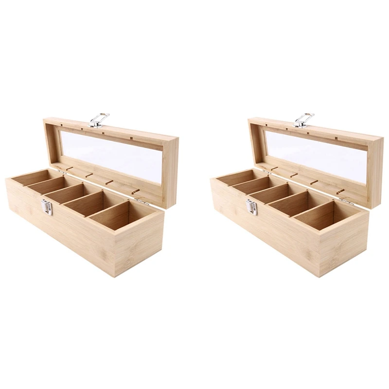 

2X Bamboo System Tea Bag Jewelry Organizer Storage Box 5 Compartments Tea Box Organizer Wood Sugar Packet Container
