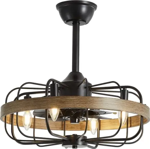 

with Light Caged, 19.5" Industrial Flush Mount Fixtures Vintage Bladeless,Remote Control Bedroom 6xE12 Bulb Base