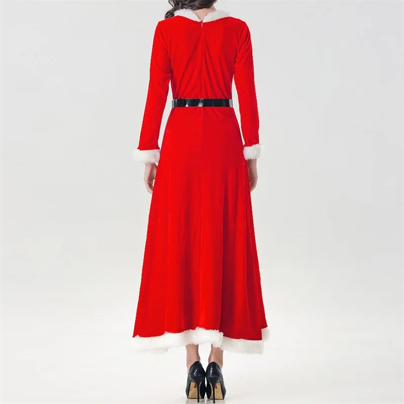 Women Christmas Costume Mrs Claus Cosplay Dress Velvet Trim Patchwork Long Dress Party Costume with Belt Santa Hat and Gloves