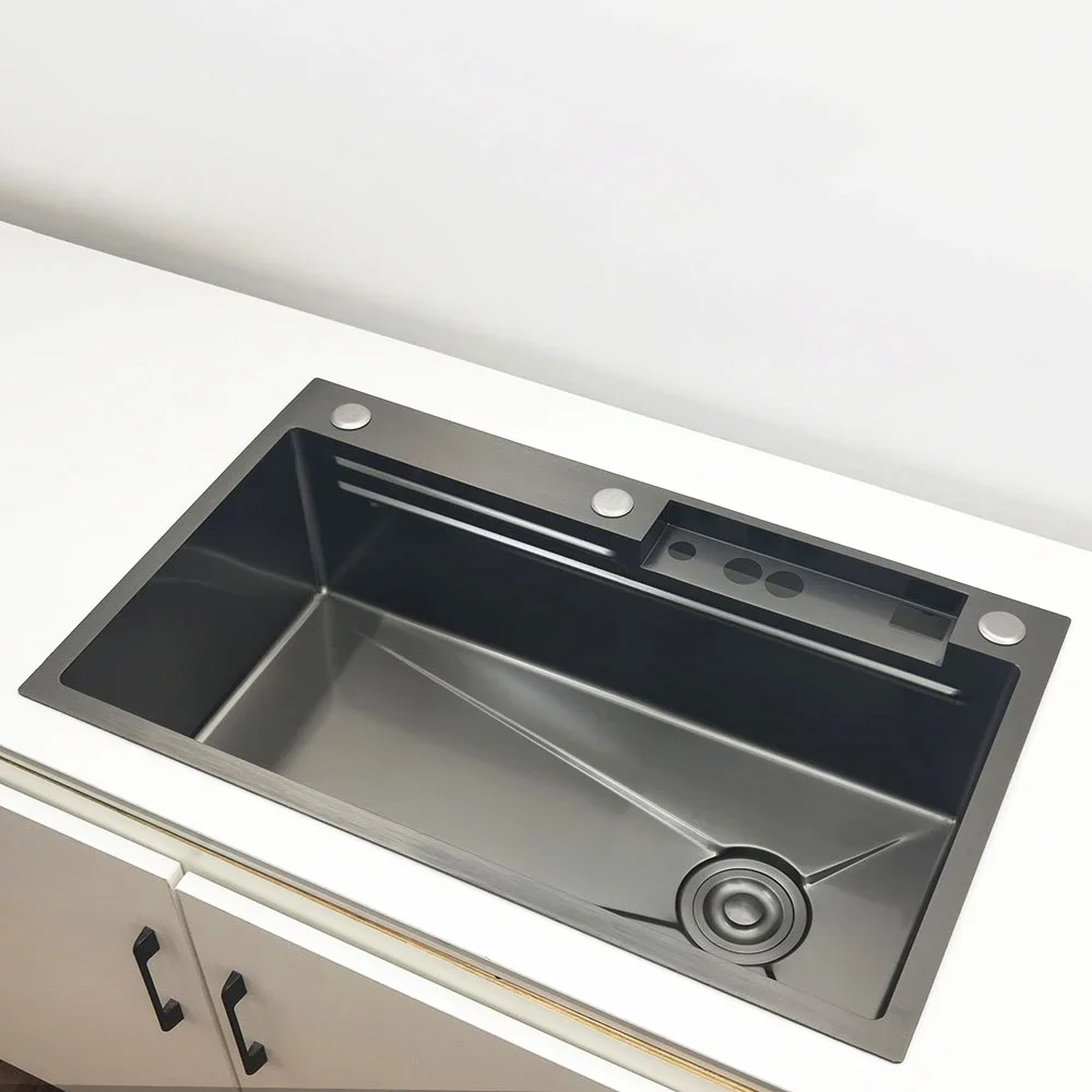 Waterfall Kitchen Sink 304 Stainless Steel Sink Large Single basin With Multifunction LED Waterfall Faucet Above Counter Cuisine 5