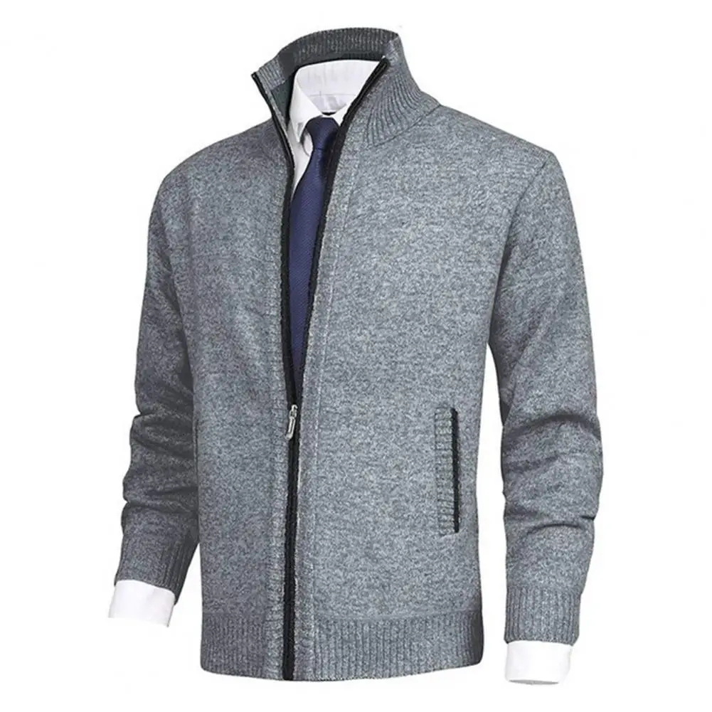 

2024 Male Knitting Cardigan Coat Stand Collar Long Sleeve Side Pockets Zipper Placket Ribbed Cuffs Knitting sueter masculino