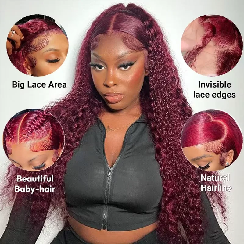 99J Burgundy Deep Wave 13x4 Lace Frontal Wig Red Wine Water Human Hair Brazilian 30 40 Inch Kinky Curly 13x6 HD Lace Front Wigs