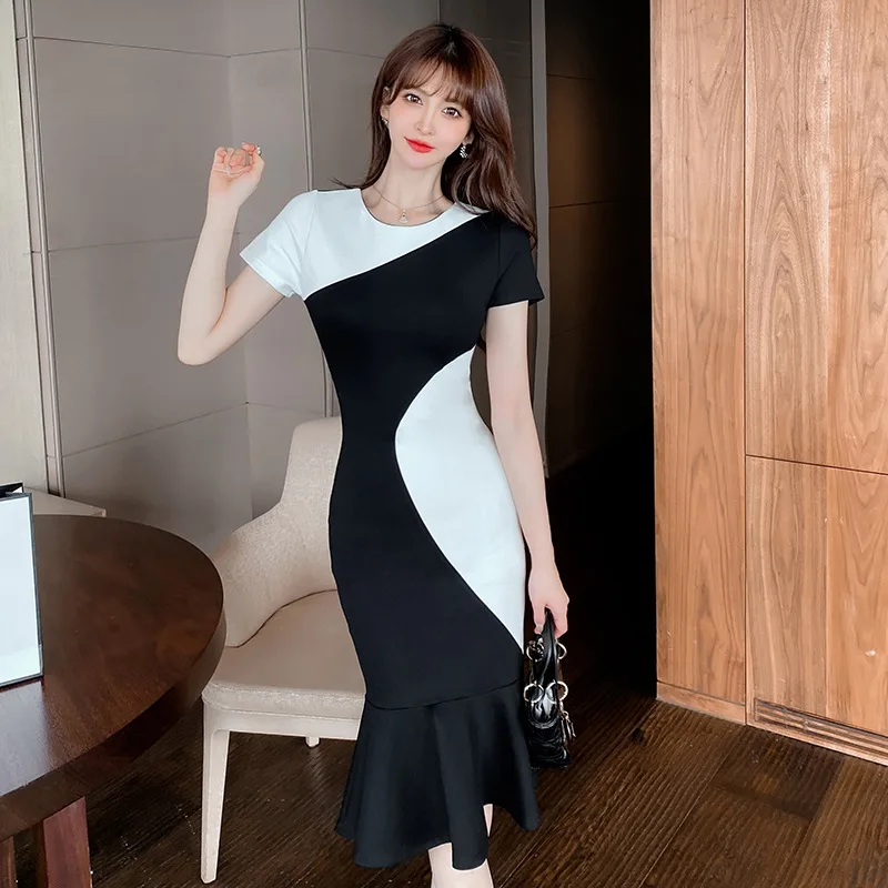 

2022 Summer High End Women's Fashion Contrast Dresses Short Sleeve Vintage Woman Elegant Bandage Dress Sexy Party Vestidos
