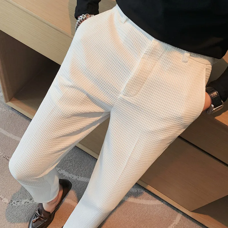 2024 Autumn New Waffle Stretch Waist Business Formal Pants Men Fashion Wedding Slim Trouser Mens Brand Social Party Suit Pants 2