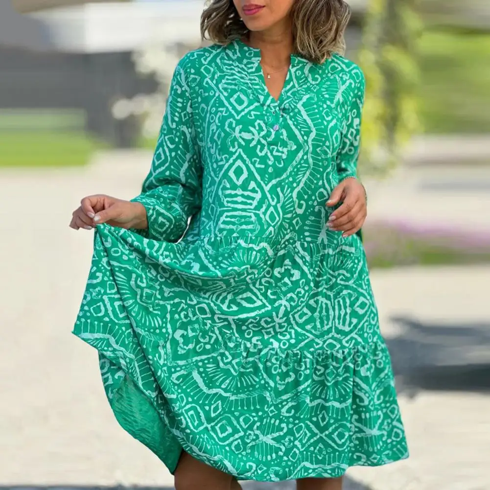 

Women Summer Dress Horn Sleeve Geometric Print A-line Patchwork Loose Hem V Neck Bohemian Midi Dress Vintage Style Pullover Top