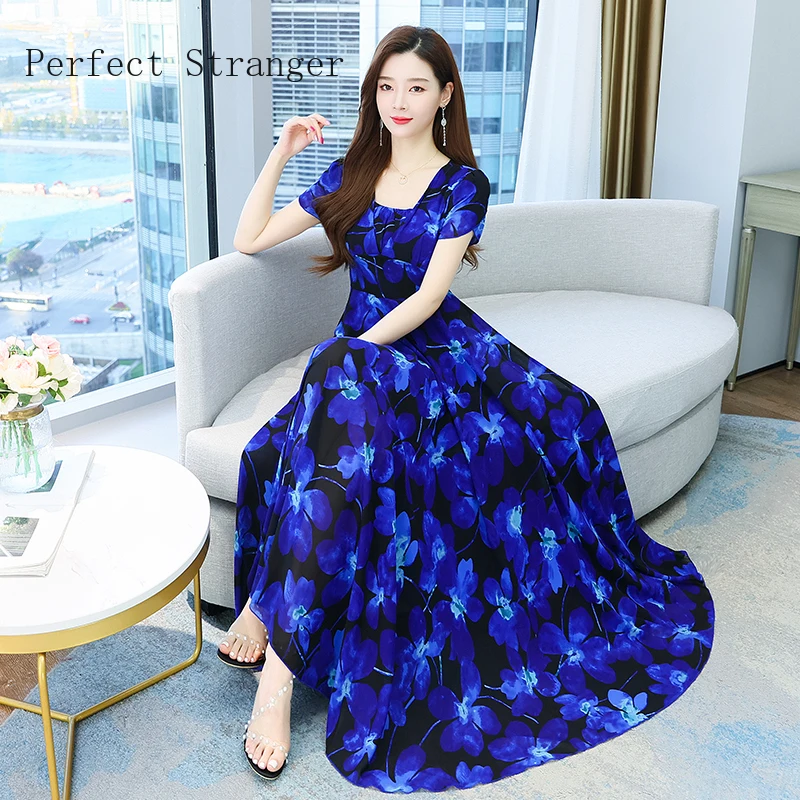 

2023 Summer New Arrival Elegant Korean V Collar Short Sleeve Women Chiffon Long Dress High Quality M-4XL