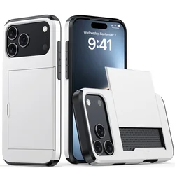 Premium Heavy - Duty Phone Case with Wallet Card Holder and Slide Hard Protective Cover - iPhone 15 Plus (White)