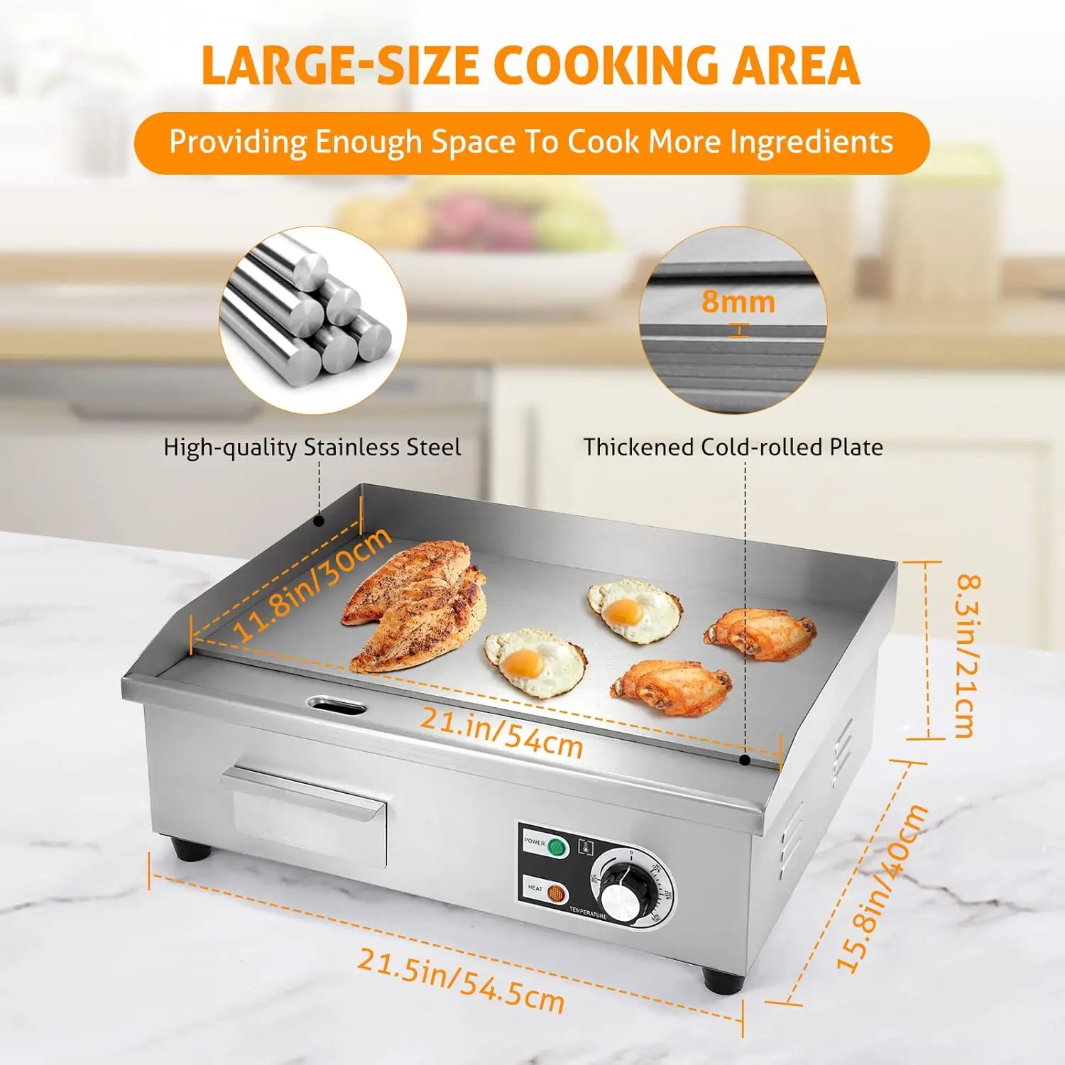 Griddle 22" 3000W Flat Top Grill Countertop Griddle Stainless Steel Teppanyaki Grill w/Iron Cooking Plate for Restaurant Kitchen 3
