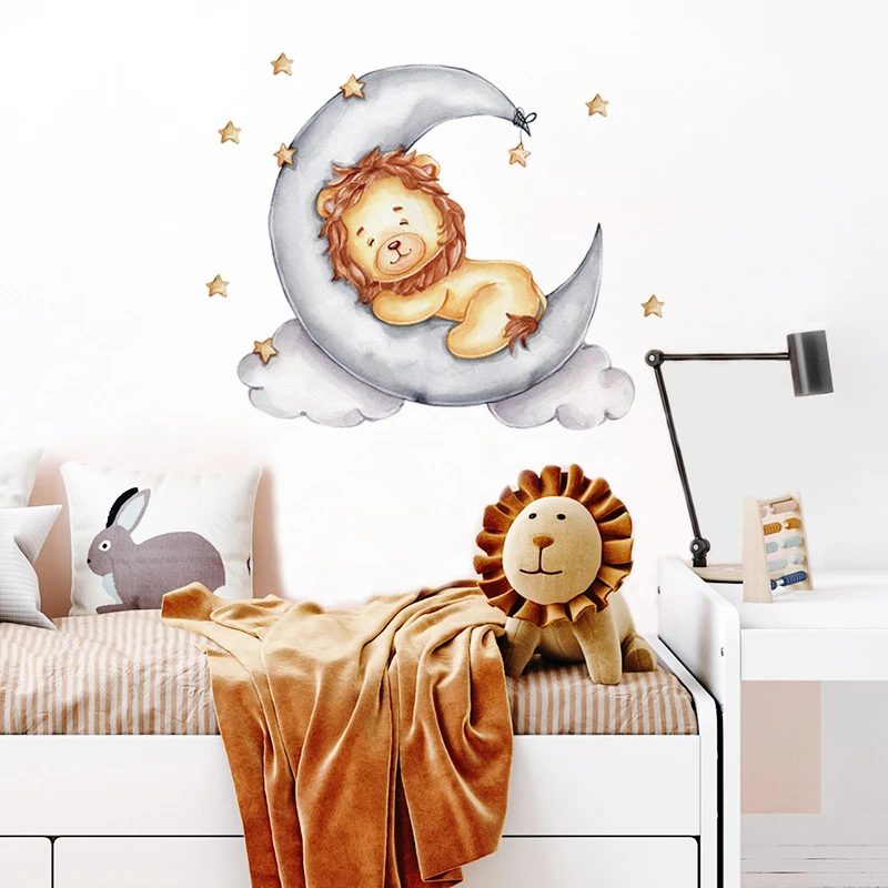 Pegatinas de pared de dibujos animados de león dorado durmiendo en la Luna, buenas  noches, para habitación de niños, decoración de habitación de bebé,  calcomanías artísticas de pared, murales| | - AliExpress