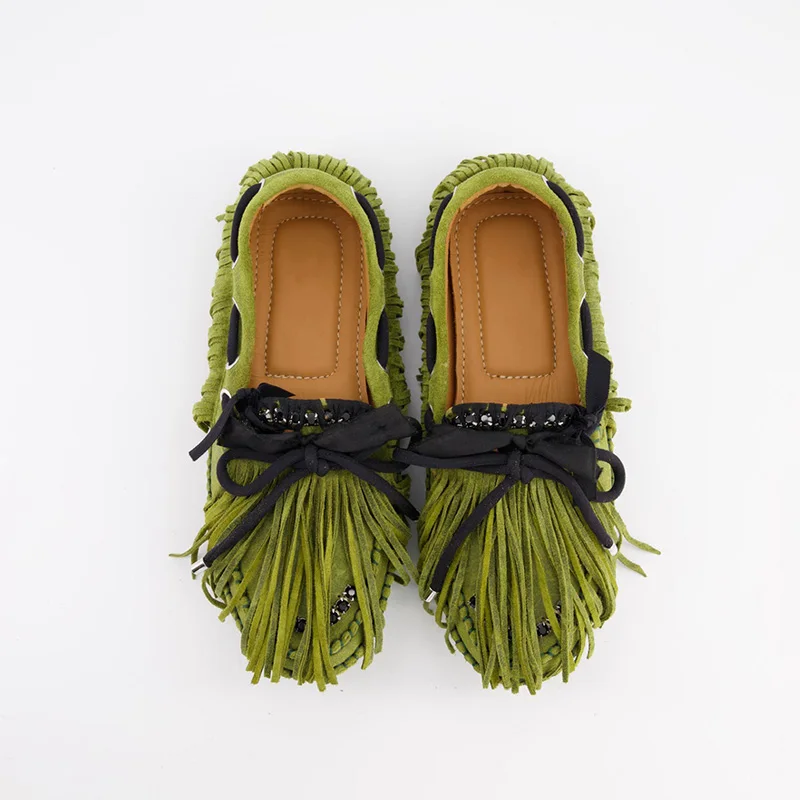 

Autumn 2023 New Loafers Shoes Women's Flat Shoes Women's Casual Fashion Suede Leather Low Top Flat With Bow Fringe Boat Shoes