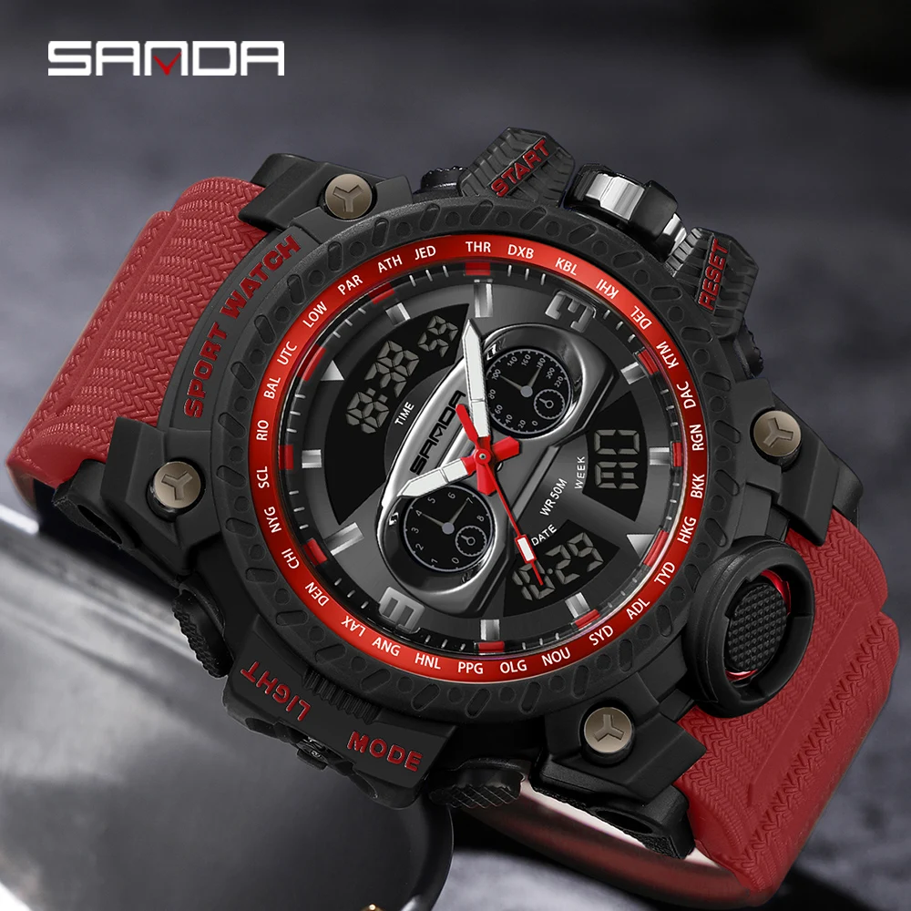 2023 SANDA Men's Watches Sports Military Quartz Watch 50M Waterproof Dual Display Digital Wristwatch For Male Relogio Masculino men solid color casual hooded sweatshirt suits autumn winter elasticated waist lace up long pants new male sports two piece sets