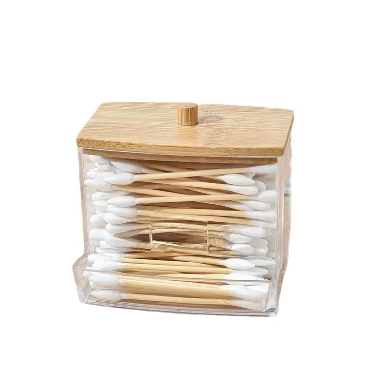 1Pcs Cotton Swab Holder, Cotton Swab Dispenser with Bamboo Lids,Bamboo Bathroom Storage Jars Storage Containers Clear Plastic 5