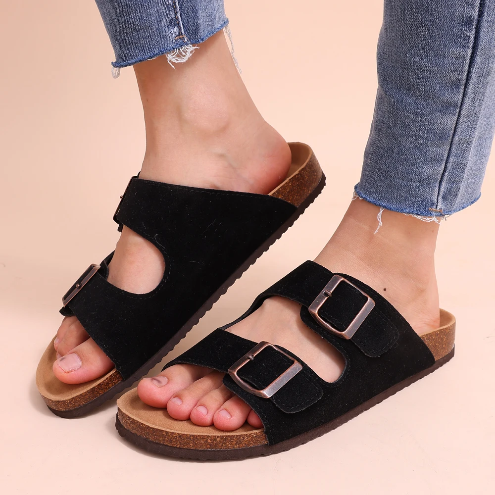 Comwarm Cork Footbed Sandals Women Summer Fashion Suede Flats Sandals With Arch Support Couple Open Toe Beach Slides Adjustable