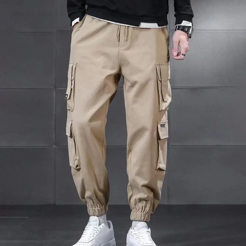 Men Elastic Waist Cargo Pants Multi-pocket Men Leggings Men's Cargo Pants with Drawstring Waist Multiple Pockets for Sports