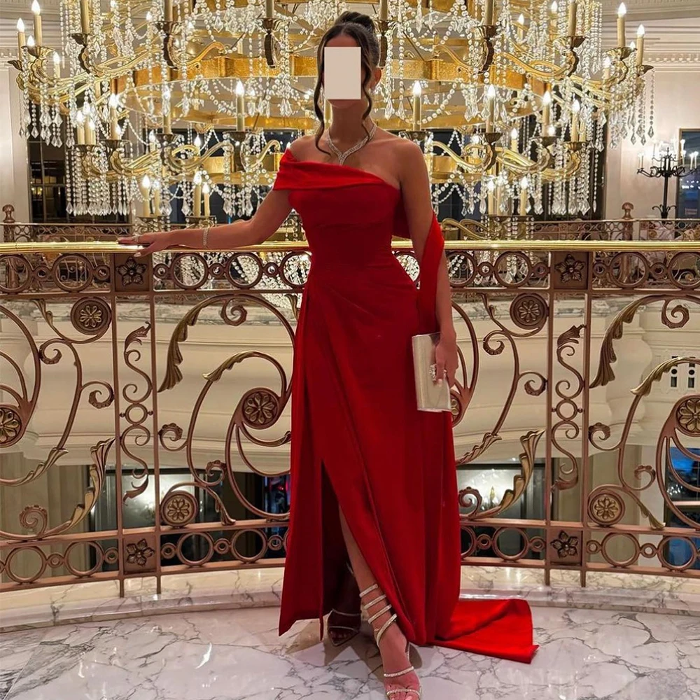 

Red Satin Formal Evening Dress Sexy Off the Shoulder Pleats Side Split Prom Dress Ankle Length Celebrity Dresses Saudi Arabia