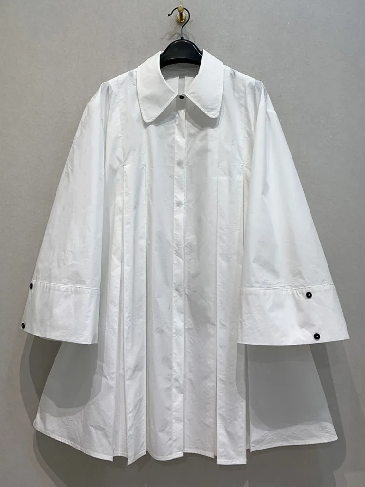 DEAT Fashion Women Shirt Dress Lapel Loose Single Breasted 65% Cotton Long Slevee Overknee Pleated Dresses Spring 2024 7AB2799