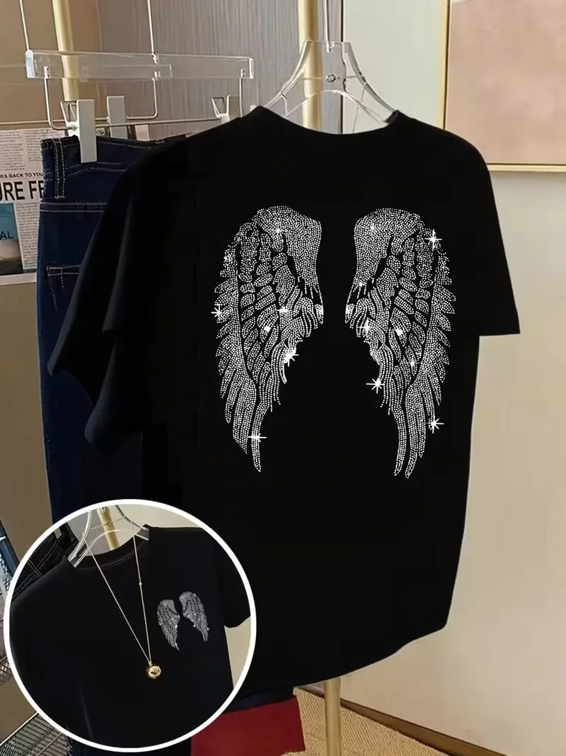 Angel Wings Hot-Pressed Print T-Shirt, Front & Back Design, Casual Unisex Crew Neck Short Sleeve, Versatile Summer Daily Top