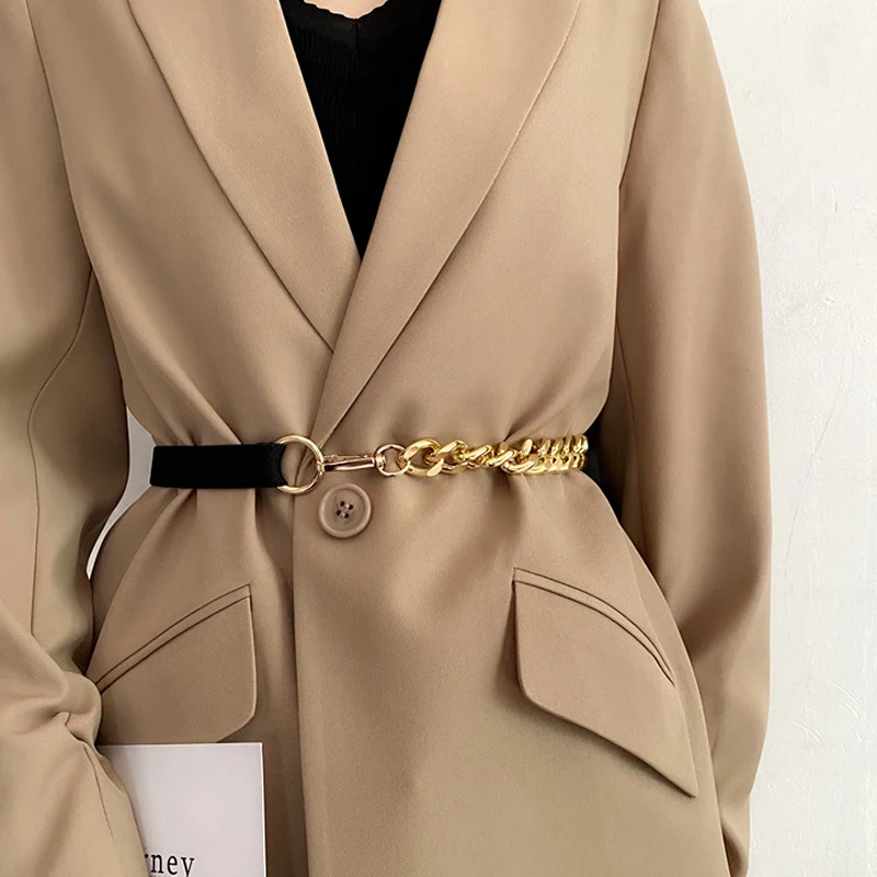 

Women's Golden Chain Belt Elastic Silver Metal Waist Belts Stretch Cummerbunds Ladies Coat Ketting Riem Waistband