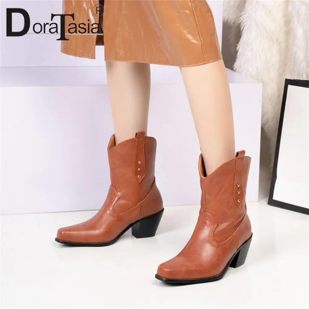 Plus Size 48 Brand New Ladies Pointed Toe Ankle Boots Fashion Slip-on Chunky Heels women's Cowboy Boots Casual Party Woman Shoes