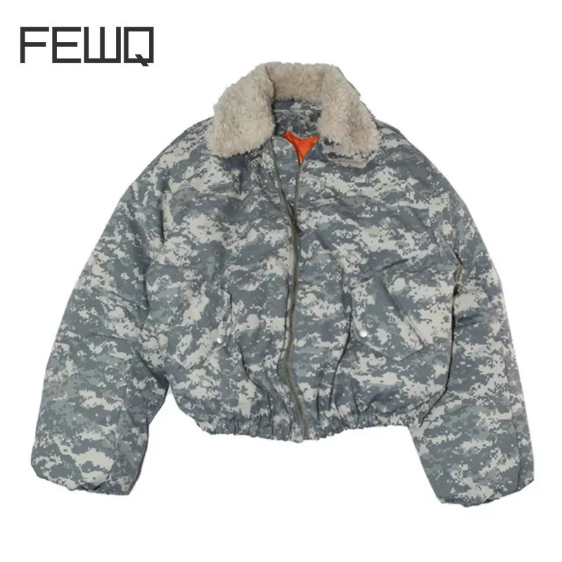 FEWQ Detachable Fur Collar American Camouflage Men Cotton Jacket Contrast Color Long Sleeve Male Tops Korea Fashion 21Z7058 6
