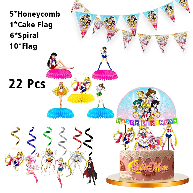 Sailor Moon Geburtstagsdeko Set – Banner, Ballons, Cake Topper, Cupcake Deko