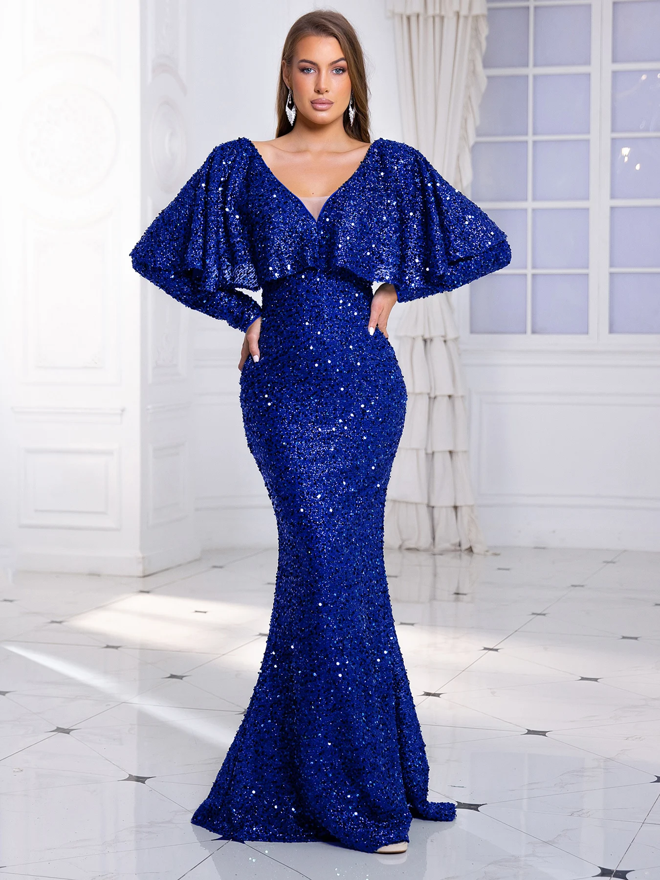 

V Neck Full Sleeve Stretch Sequin Evening Party Dress Backless Floor Length Green Bodycon Elegant Women Prom Gown Autumn Winter
