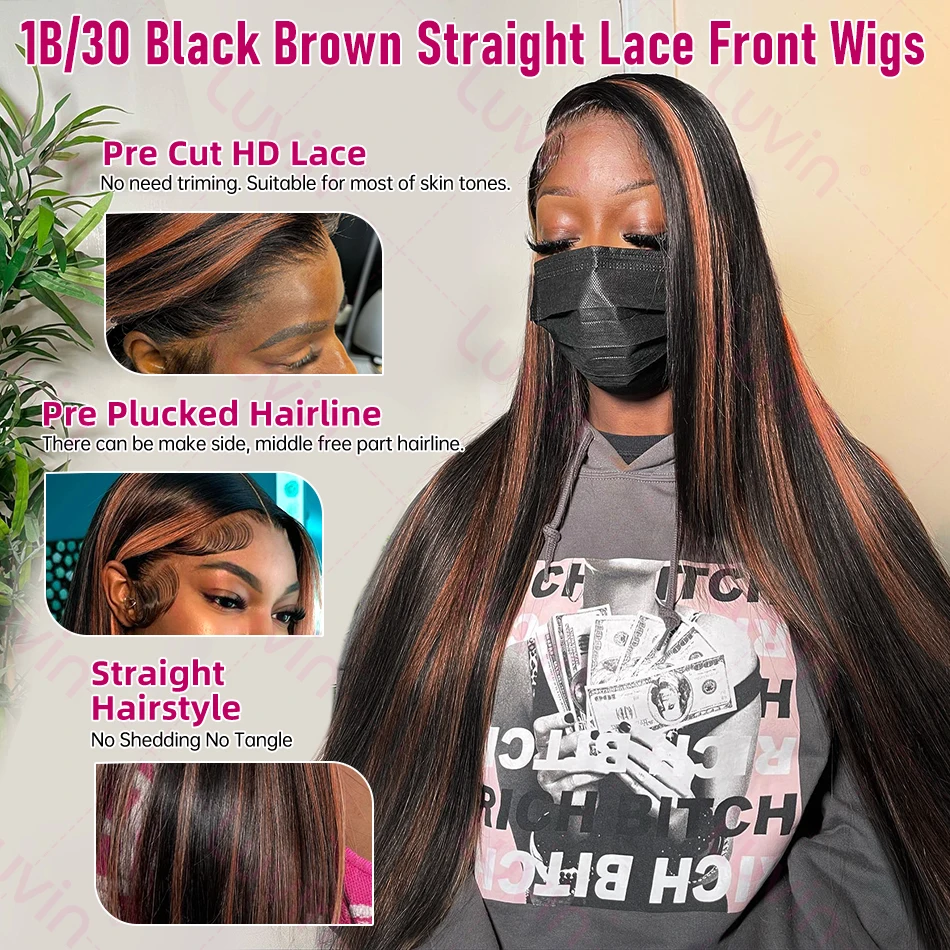 Luvin Ombre Highlight 13x4 Lace Front Wig Human Hair 1B/30 Black Brown Straight 13x6 Hd Lace Frontal Wigs For Women