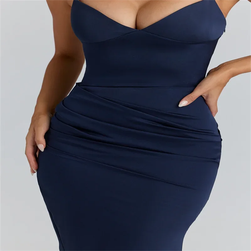 Sexy Maxikleid mit Schleifen für Damen, V-Ausschnitt, Rückenfreies Ärmelloses Kleid mit Geraffter Taille, Meerjungfrauenkleid für Frühling, Abend und Partys – Detail 10