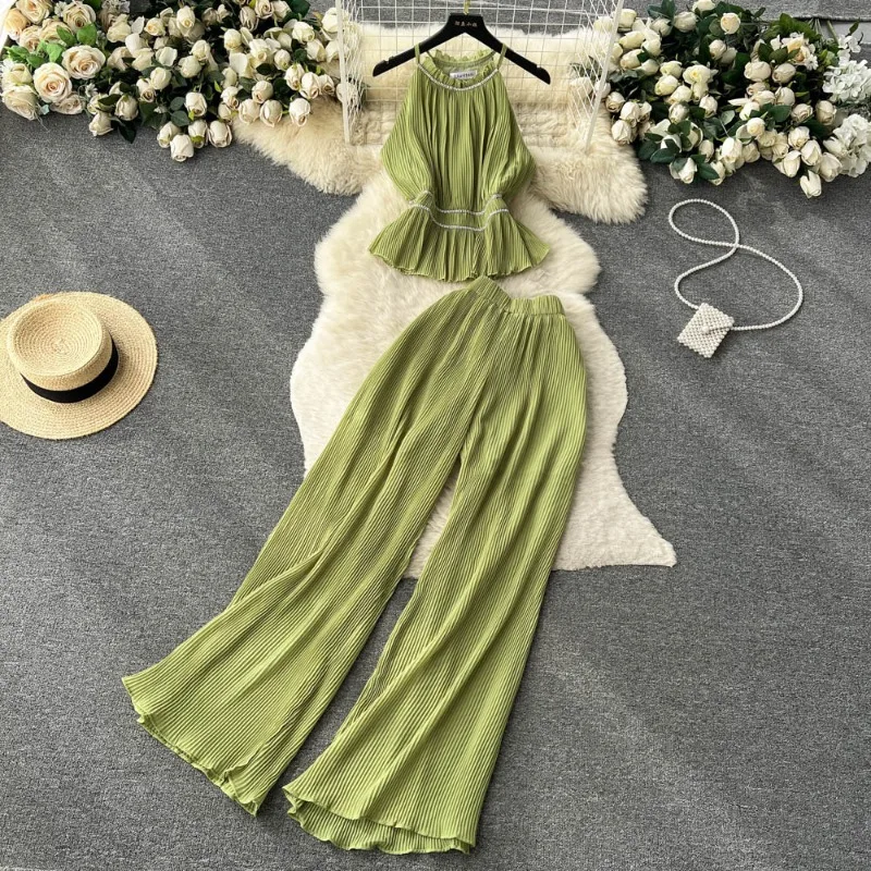 Spring Summer Women Solid Elegant Pants Camisole Sleeveless Draped Tops + High Waist Wide Leg Pants Suit 2Pcs Korean Fashion Y2k