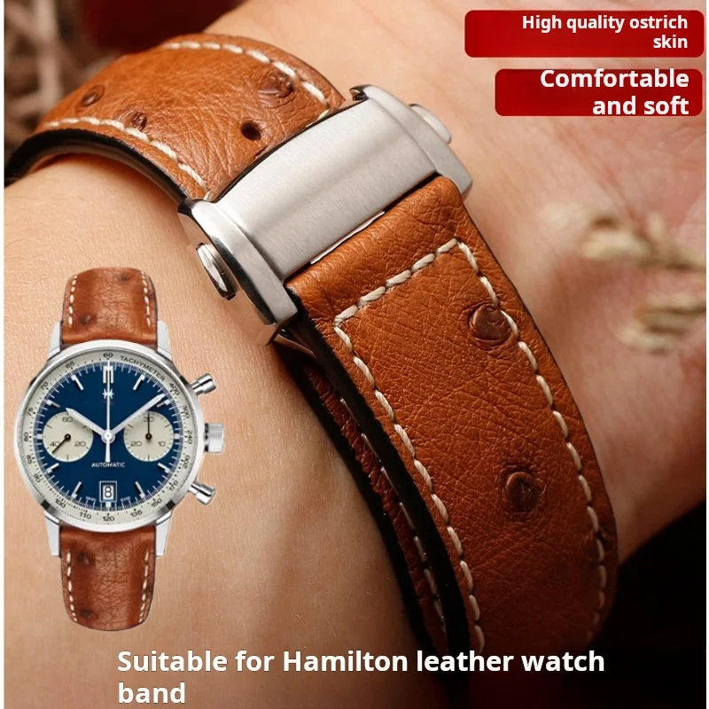 Straußenleder-Armband für Hamilton Jazz Khaki Aviation Series H32755851, Faltschließe, Ersatzarmband, 20 mm, 22 mm