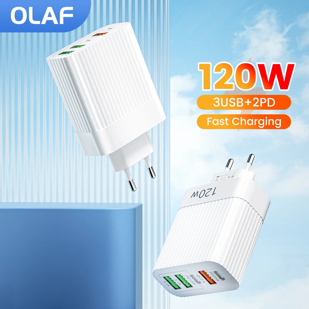 Caricabatterie Usb Olaf 120W 5 Porte Quick Charge Qc 3.0 Dual Pd Charger Tipo C Adattatore Per Caricabatterie Rapido Per Iphone Xiaomi Samsung Huawei