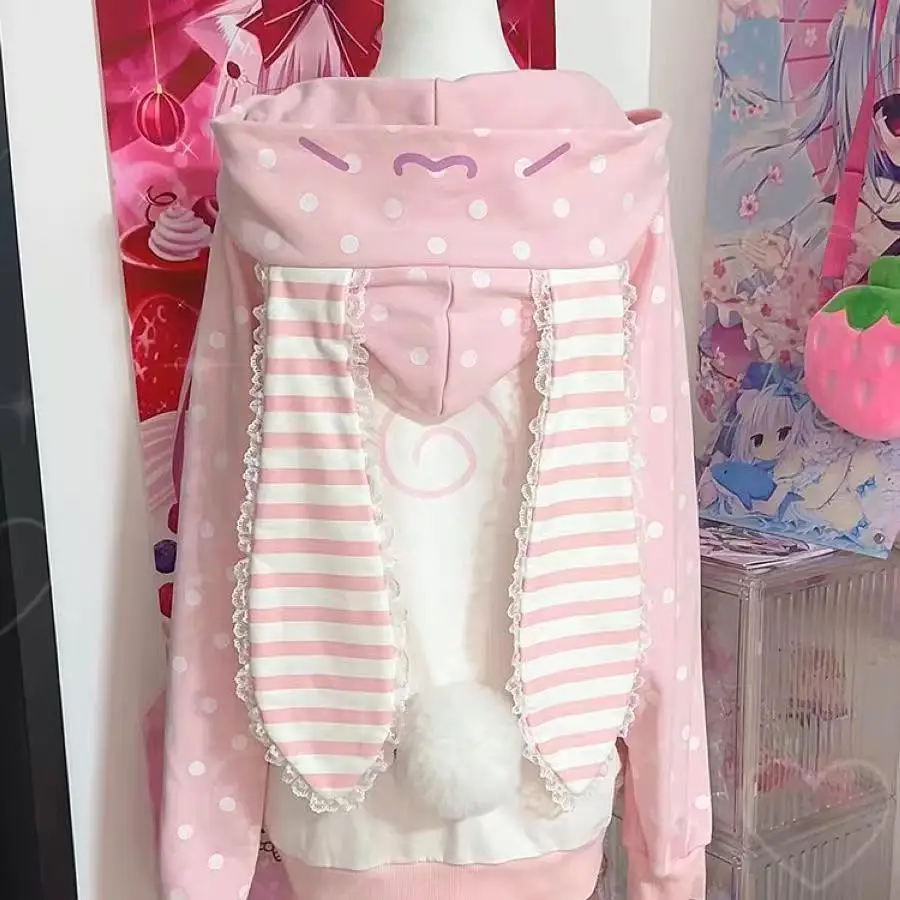 Japanese Kawaii Faux Fur Hood Sweater Long Sleeve Y2k Cute Strawberry Printed Women Casual Sweet Style Cartoon Hoodie Autumn Top 2