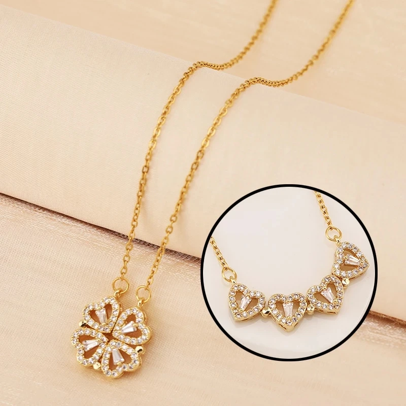 Fashion Four Leaf Gras Necklace Heart Necklace Cute Four Leaf Clover Necklace Dainty Gold Necklaces Rose Gift Box For Girlfriend