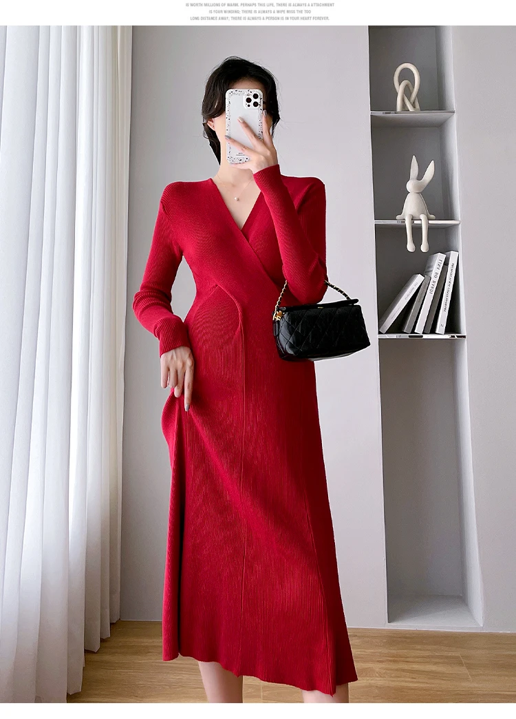 Über V-Ausschnitt gestrickte Mutterschaft pullover Kleid elegant eine Linie schlanke Kleidung für schwangere Frauen Herbst Winter Schwangerschaft tägliche Kleidung – Detail 15