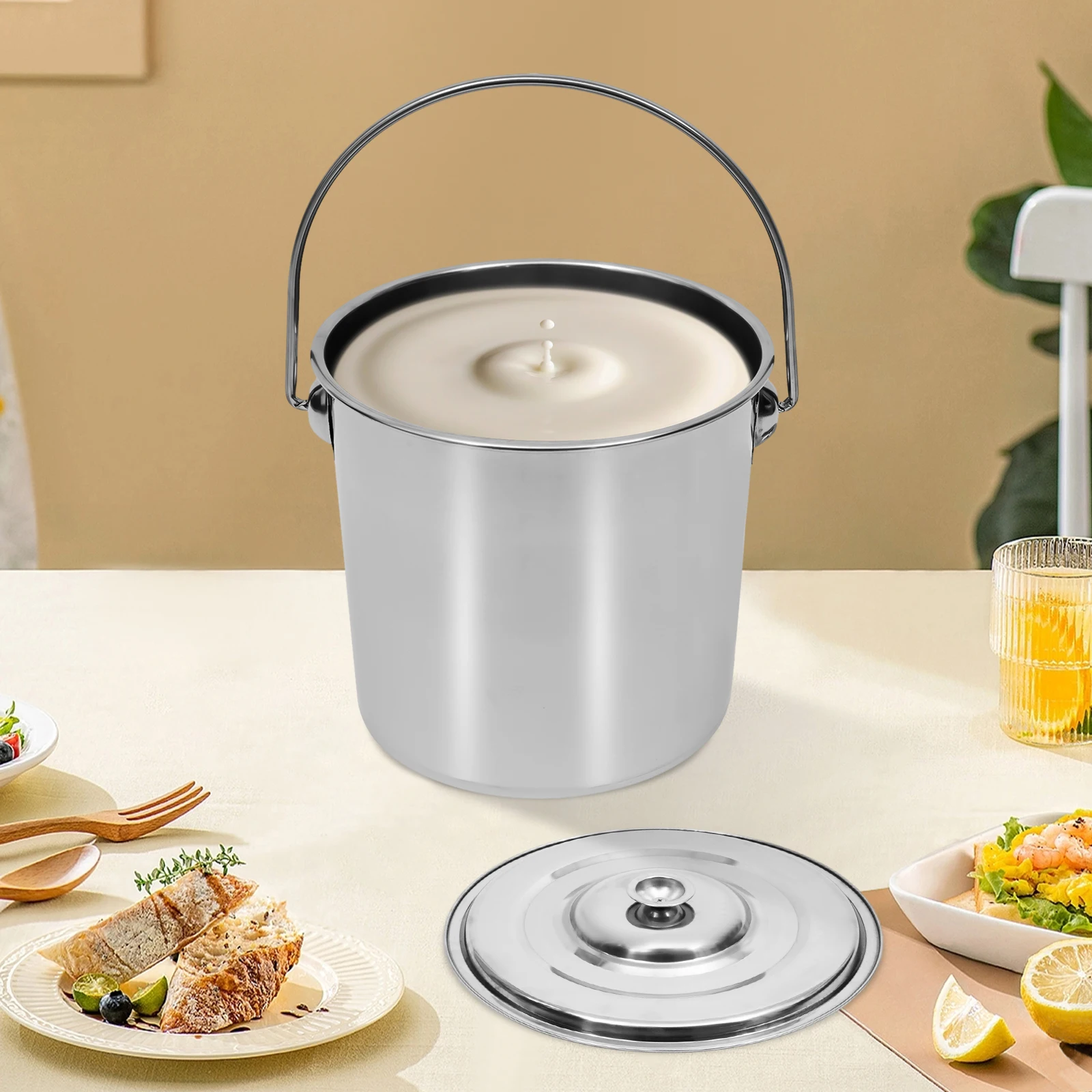 Large Capacity Milk Can 6 / 12 / 20L Stainless Steel Bucket Anti-Slip Grooves for Kitchen and Catering with Lid