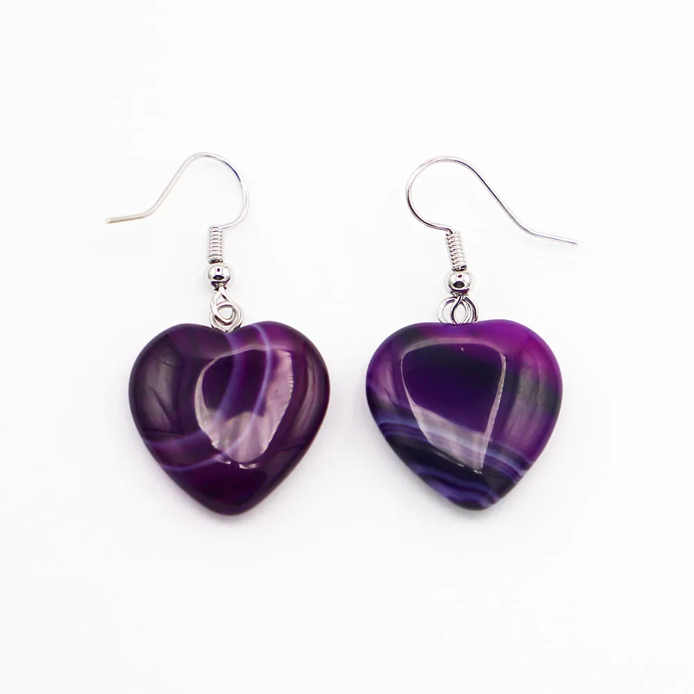 Natural Stone Agate Purple Peach Heart Earrings Pendant Love Hooks OL Reiki Ear Accessories DIY Fashion Jewelry Wholesale 5 Pair