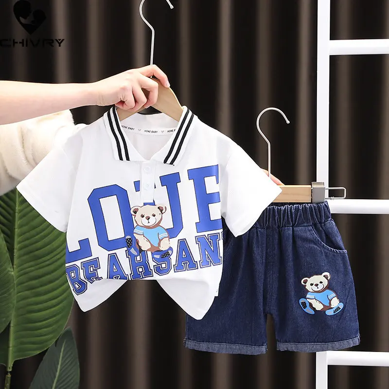 

New 2023 Boys Clothing Sets Baby Boy Summer Cartoon Bear Letter Lapel Short Sleeve T-shirt Tops with Denim Shorts Kids Clothes