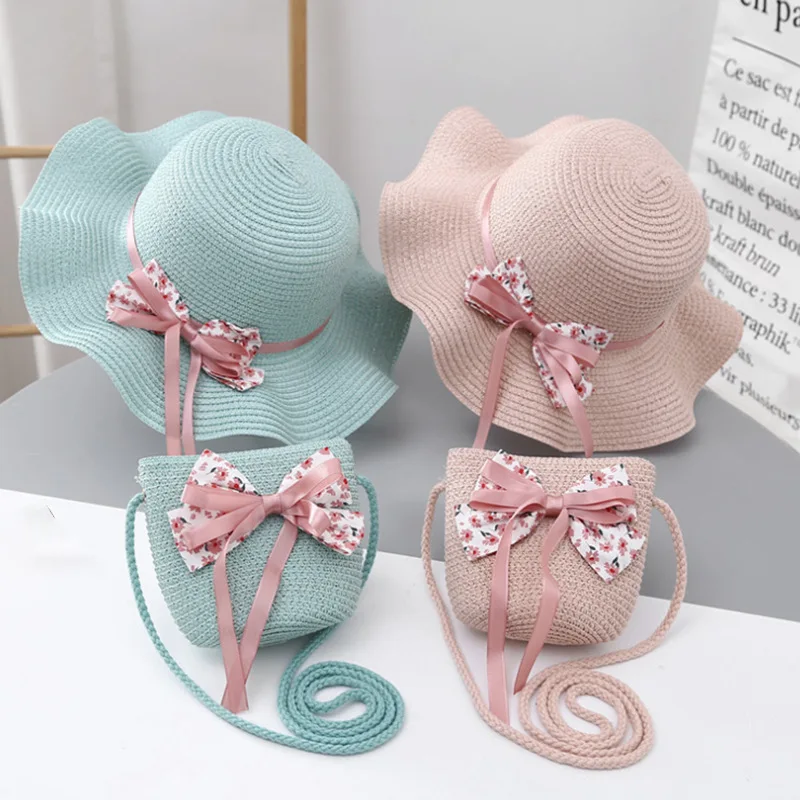 Fashion Style Kids Hat for Girls 2-7Y Straw Children's SunshadeCap Bag Summer Baby Travel Sunscreen Beach HatSun Fisherman Cap