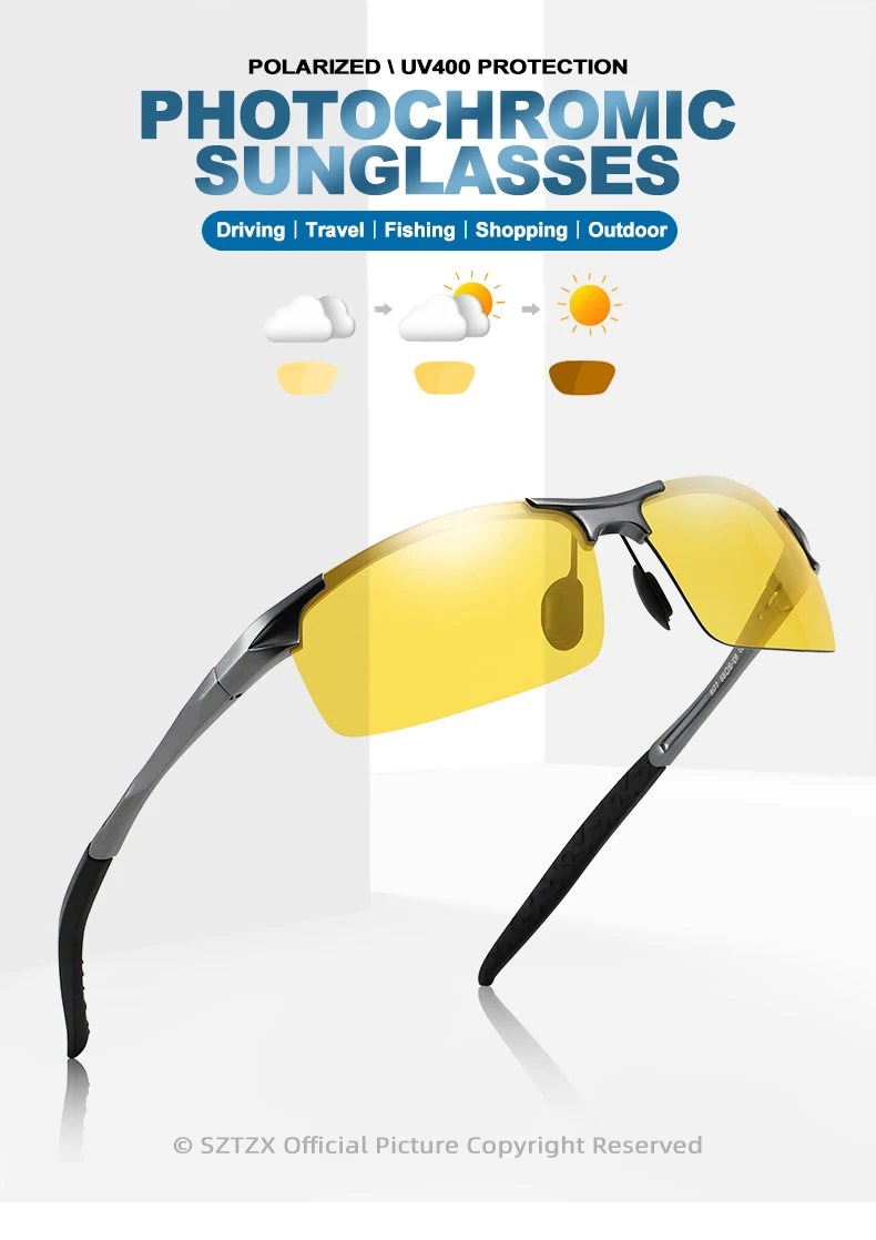 SZTZX Anti-Glare Tag Nacht Vision Photochrome Brille Männer Polarisierte Fahren Angeln Gläser Aluminium Randlose Reitbrille – Detail 5